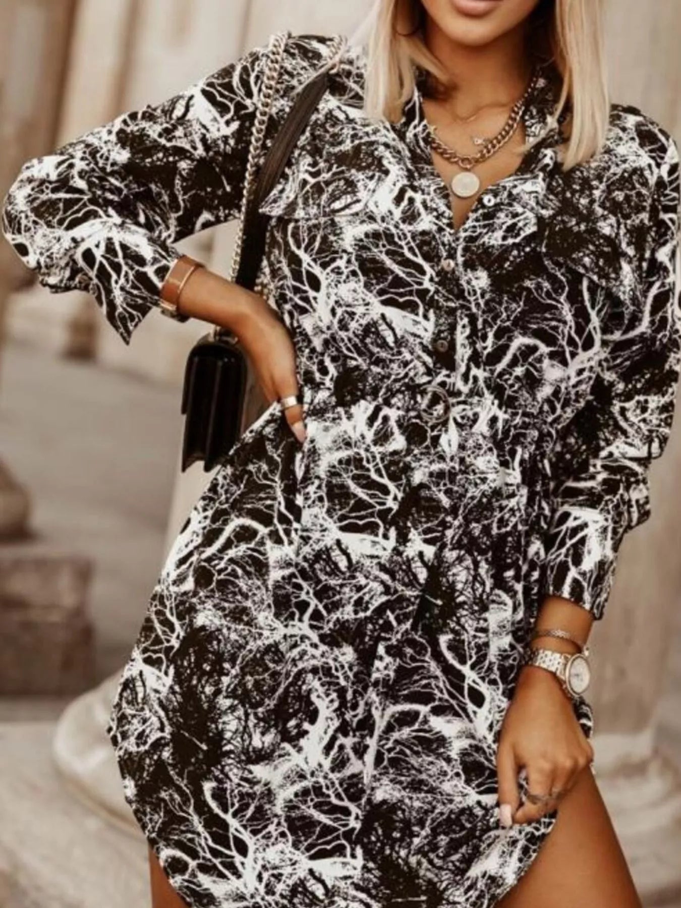 Hazel Blues® |  Printed Button Front Long Sleeve Dress