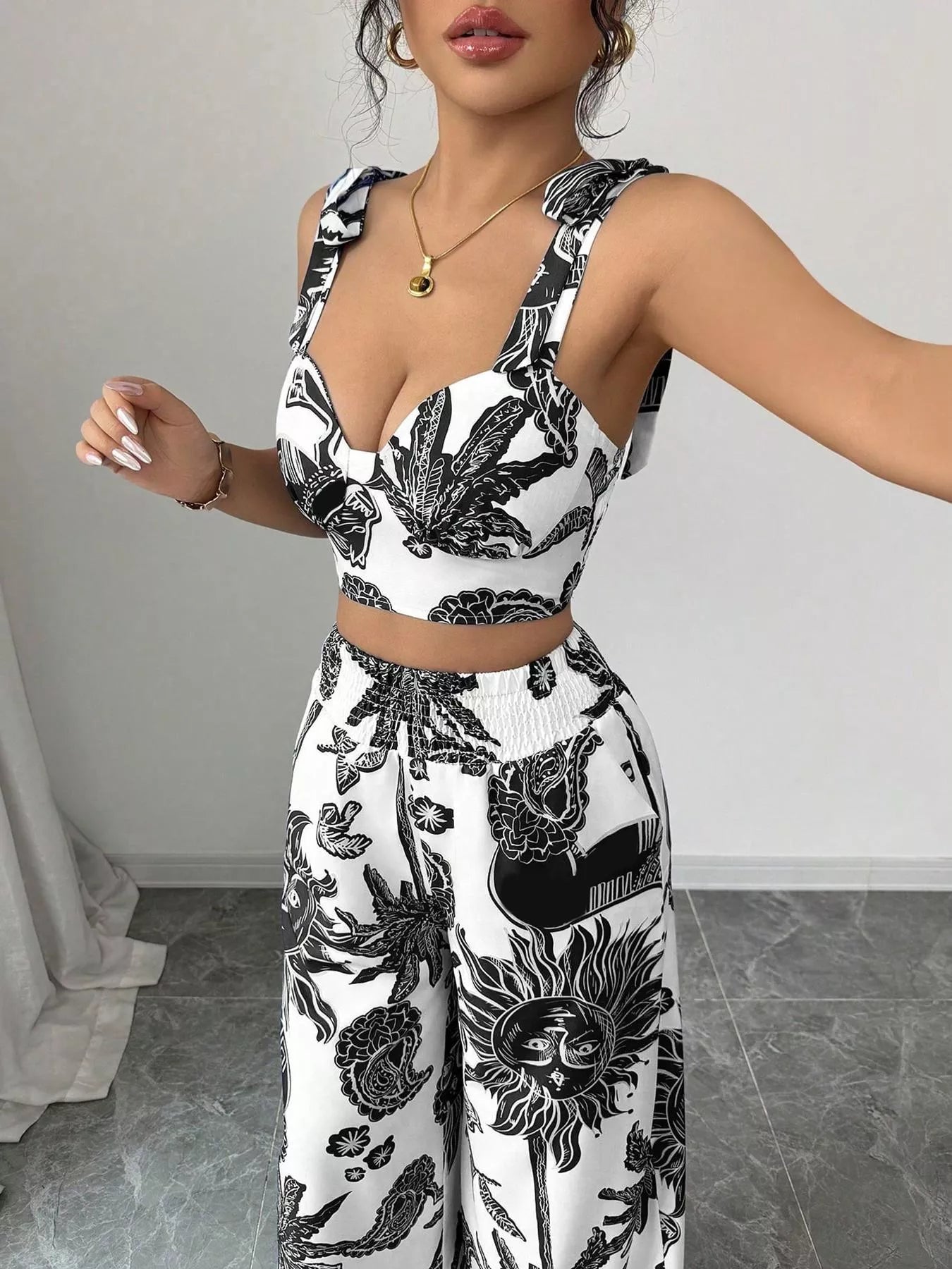 Hazel Blues® |  Floral Print Crop Top and Wide Leg Pants Set