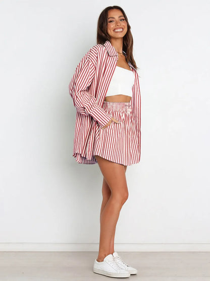 Hazel Blues® |  Striped Dropped Shoulder Shirt and Shorts Set