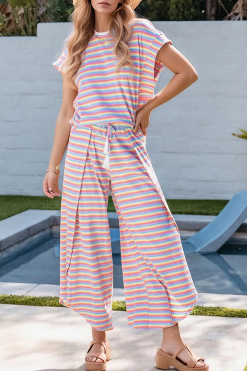 Hazel Blues® |  Striped Round Neck Short Sleeve Top and Pants Set