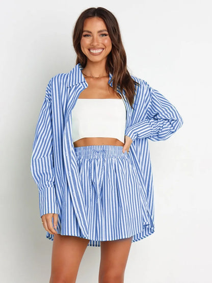 Hazel Blues® |  Striped Dropped Shoulder Shirt and Shorts Set