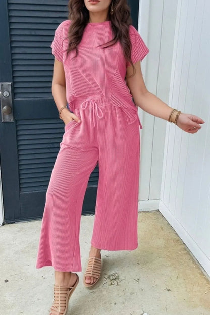 Hazel Blues® |  Corded Knit Short Sleeve T-Shirt and Wide Leg Pants Set