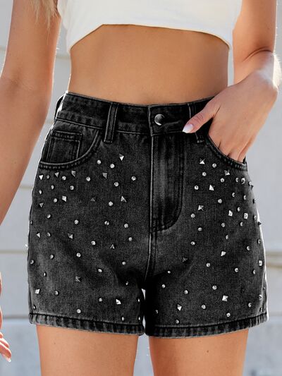 Hazel Blues® |  Rhinestone Washed High Waist Denim Shorts