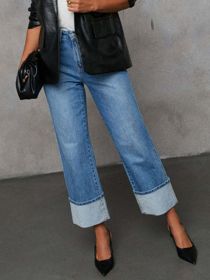 Hazel Blues® |  High Waisted Straight Leg Rolled Jeans