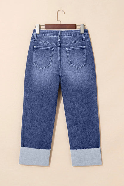 Hazel Blues® |  Folded Cuffs Distressed Straight High Waist Jeans