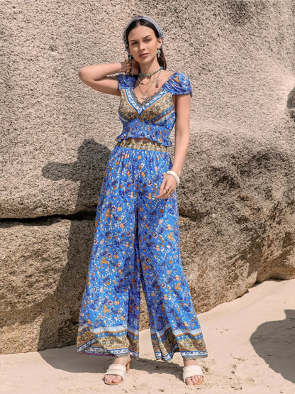 Hazel Blues® |  Printed V-Neck Top and Pants Set