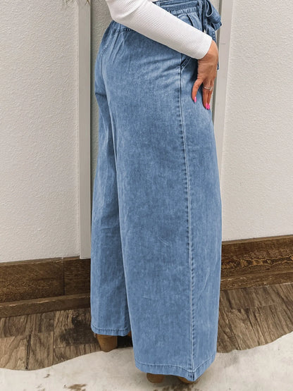 Hazel Blues® |  High Waisted Wide Leg Belted Jeans