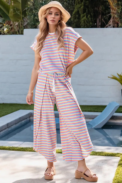 Hazel Blues® |  Striped Round Neck Short Sleeve Top and Pants Set