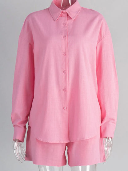 Hazel Blues® |  Button Up Long Sleeve Shirt and Shorts Set