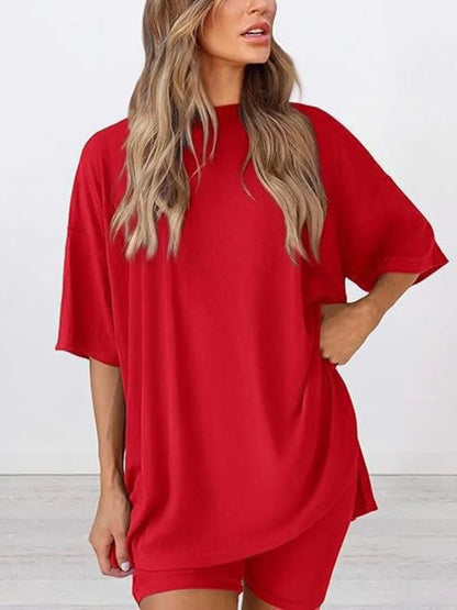 Hazel Blues® | Oversized Slit Round Neck Top and Shorts Lounge Set