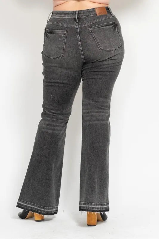 Hazel Blues® | Judy Blue Mid Rise Tummy Control Washed Gray Release Hem Flare Jeans