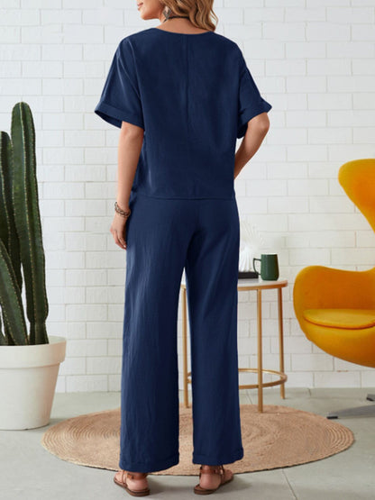Hazel Blues® |  Round Neck Half Sleeve Top and Pocketed Pants Set