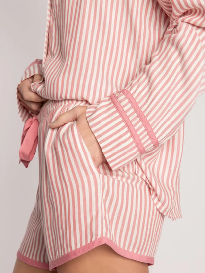 Hazel Blues® |  Striped Collared Neck Long Sleeve Top and Shorts Lounge Set