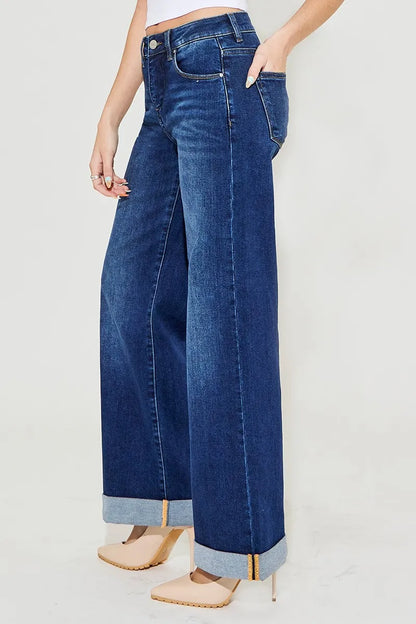 Hazel Blues® | RISEN Tummy Control High Rise Wide Leg Cuffed Jeans