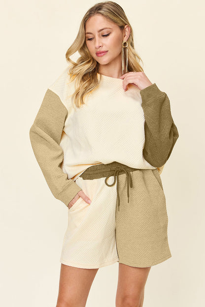 Hazel Blues® |  Double Take Contrast Drop Shoulder Top and Shorts Set