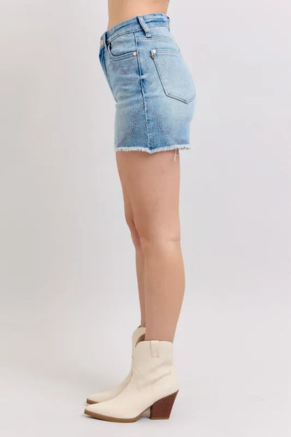 Hazel Blues® |  Judy Blue High Waist Western Embroidery Detail Cut Off Denim Shorts