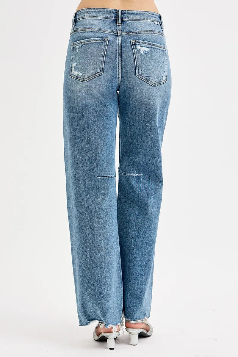 Hazel Blues® | RISEN Mid Rise Fit Wide Baggy Leg Tie Washed Jeans