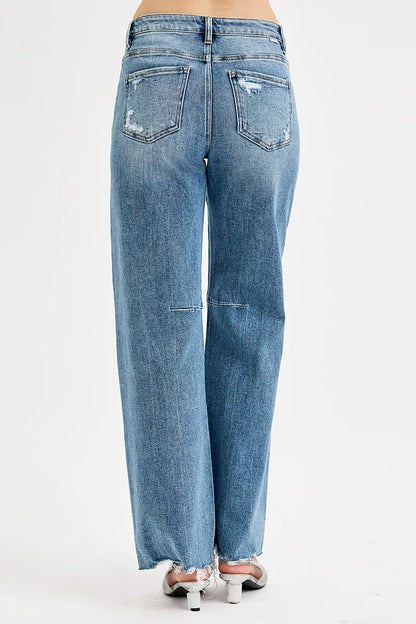 Hazel Blues® | RISEN Mid Rise Fit Wide Baggy Leg Tie Washed Jeans