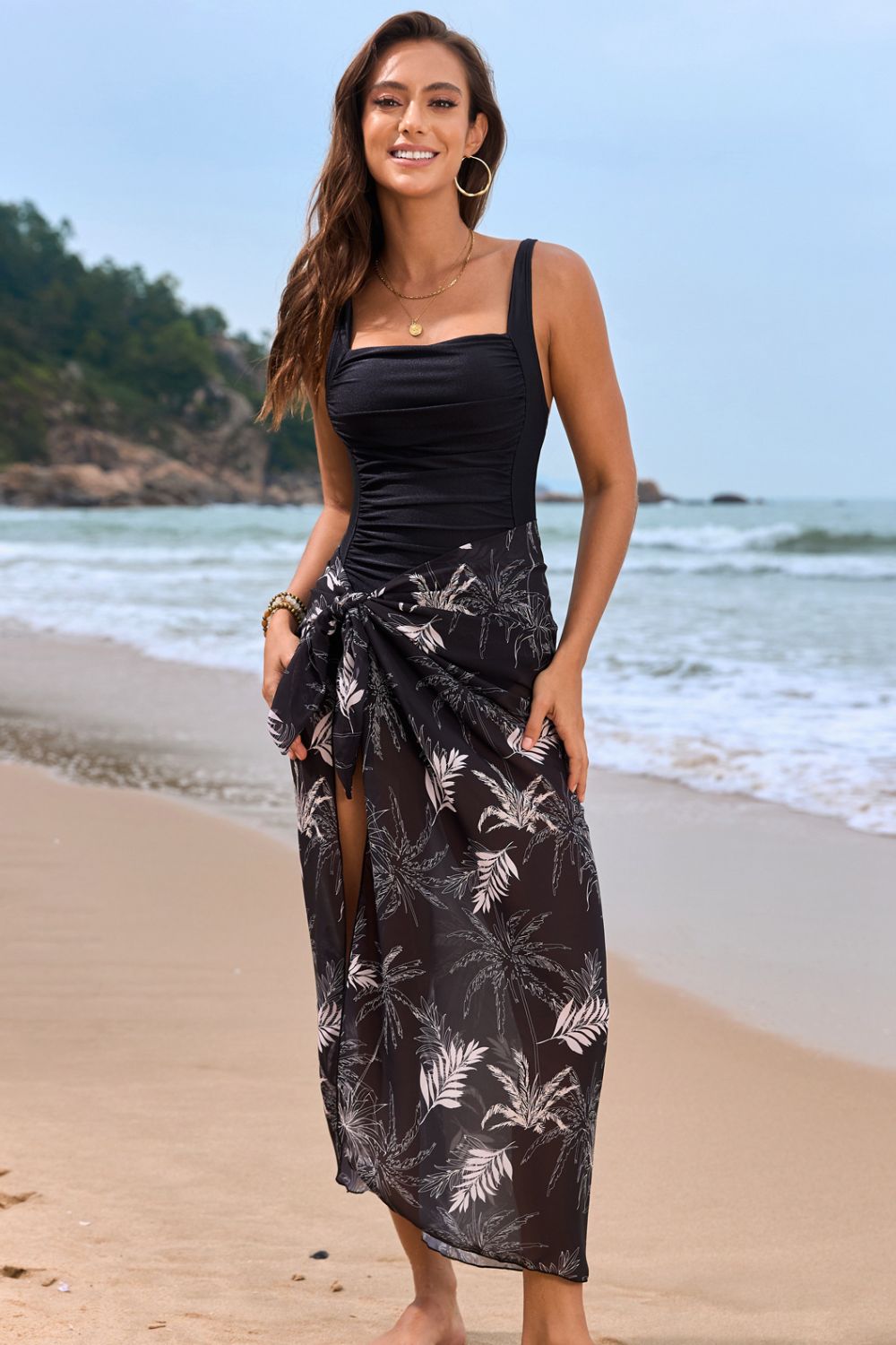 Hazel Blues® |  Square Neck Printed One-Piece Swimwear and Cover Up Swim Set