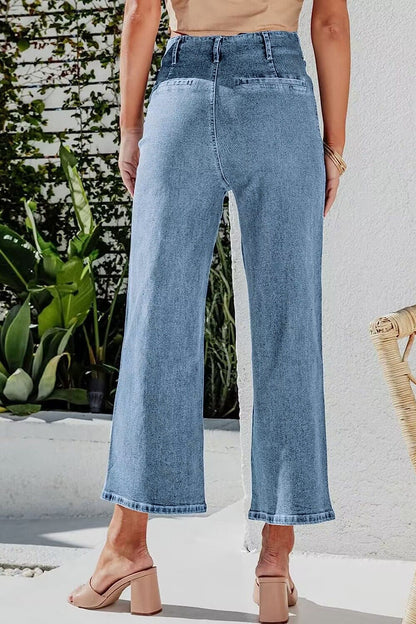 Hazel Blues® |  Button Fly Cropped Wide Leg Jeans