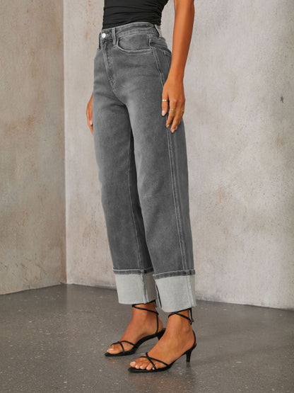 Hazel Blues® |  High Waisted Straight Leg Rolled Jeans