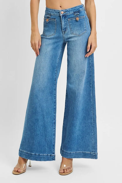 Hazel Blues® | RISEN Mid Rise Wide Front Patch Pocket Jeans