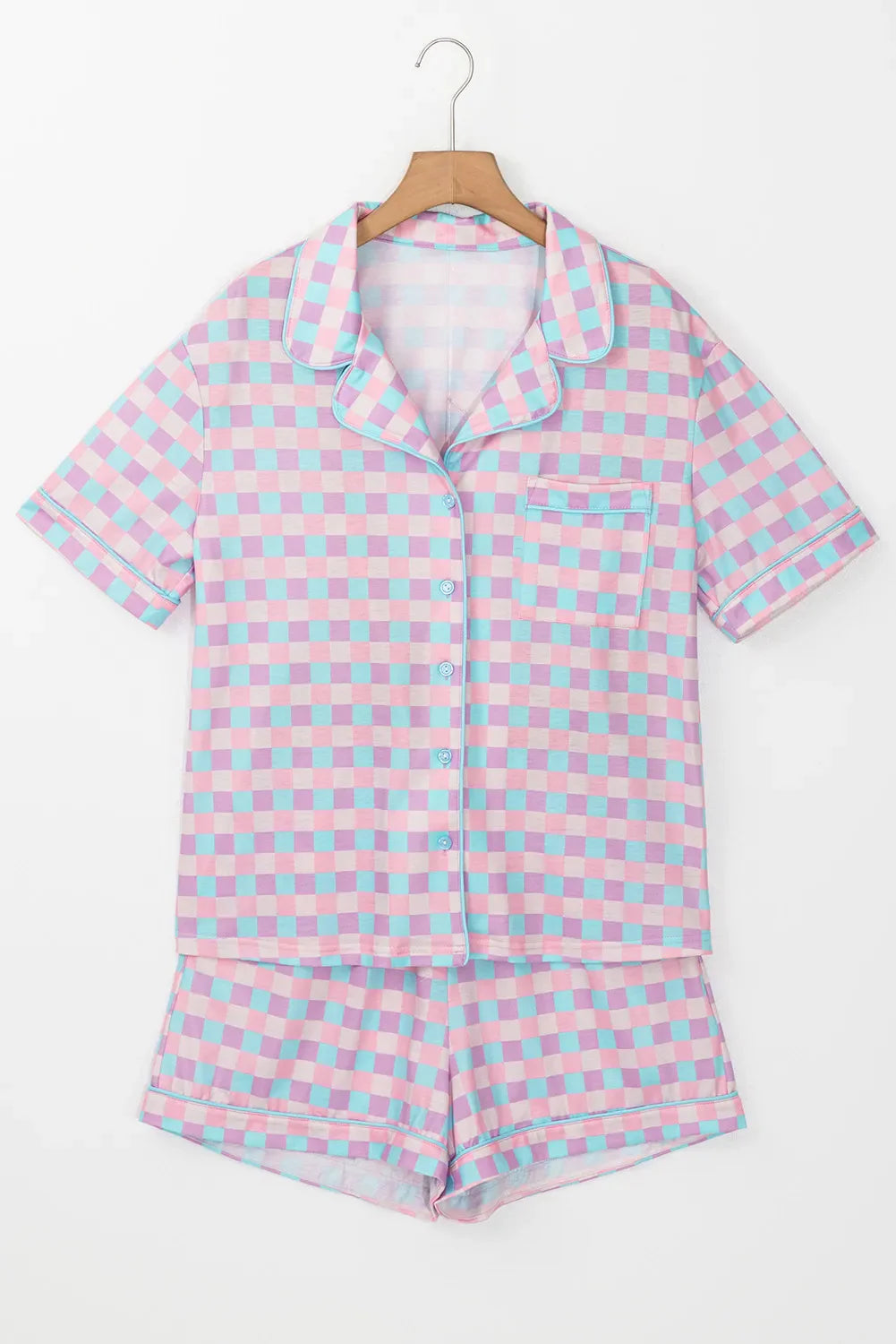 Hazel Blues® |  Plaid Collared Neck Short Sleeve Top and Shorts Lounge Set