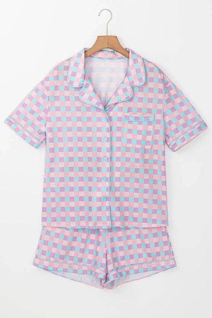 Hazel Blues® |  Plaid Collared Neck Short Sleeve Top and Shorts Lounge Set