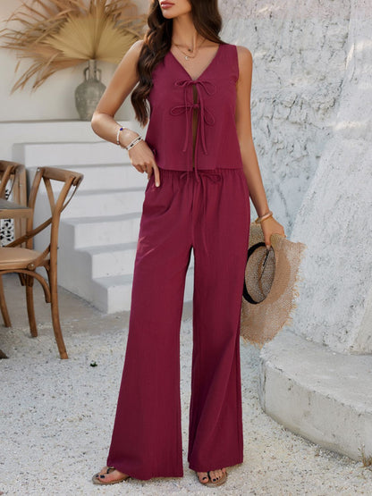 Hazel Blues® |  Devine Tied V-Neck Sleeveless Top and Pants Set