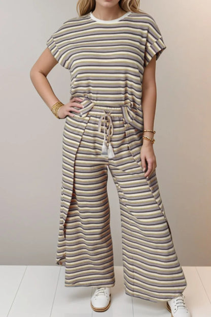 Hazel Blues® |  Striped Round Neck Short Sleeve Top and Pants Set