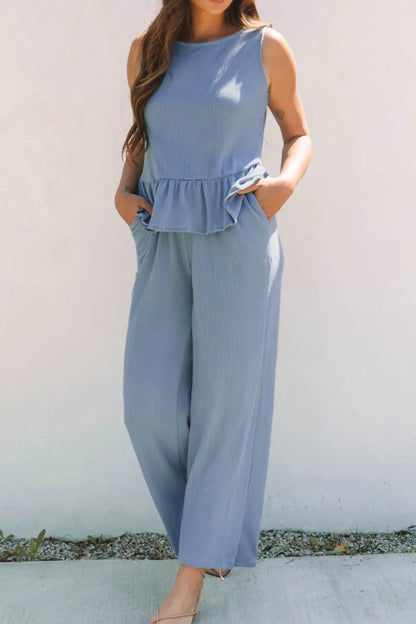 Hazel Blues® |  Color Ribbed Ruffle Tank Top and Pants Set