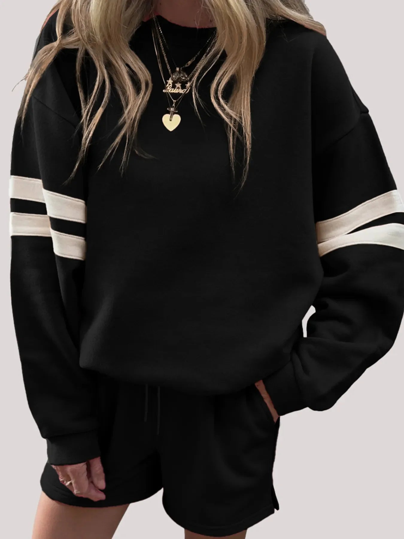 Hazel Blues® |  Stripe Round Neck Sweatshirt and Shorts Set