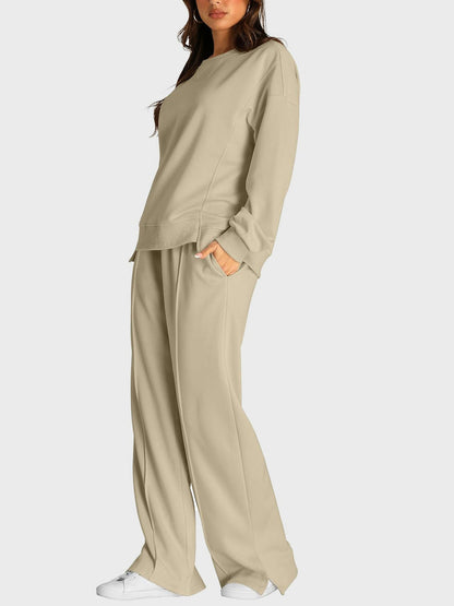 Hazel Blues® |  Round Neck Long Sleeve Top and Slit Pants Set
