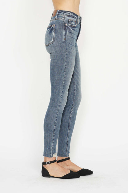 Hazel Blues® |  Judy Blue Tummy Control Vintage Wash Hem Destroy Skinny Jeans