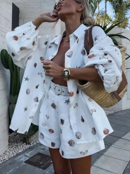 Hazel Blues® |  Shell Print Long Sleeve Shirt and Belt Shorts Set