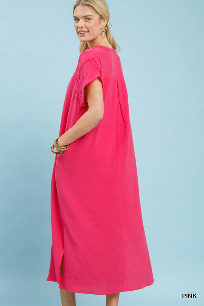 Hazel Blues® |  Umgee Button-Front Gauze Midi Dress with Lace Detail