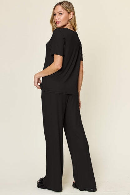 Hazel Blues® |  Double Take Round Neck Short Sleeve T-Shirt and Wide Leg Pants Set