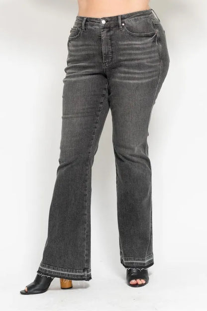 Hazel Blues® | Judy Blue Mid Rise Tummy Control Washed Gray Release Hem Flare Jeans