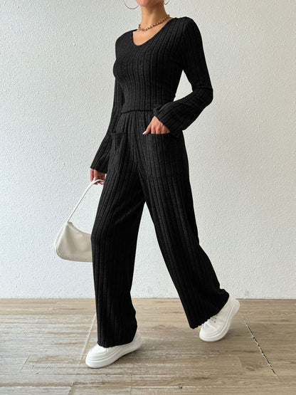 Hazel Blues® |  Ribbed V-Neck Long Sleeve Top and Pocketed Pants Set