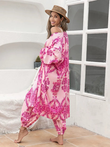 Hazel Blues® |  Printed Open Front Top and Pants Set