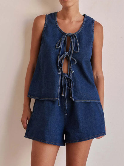 Hazel Blues® |  Tie Front Vest and Shorts Denim Set
