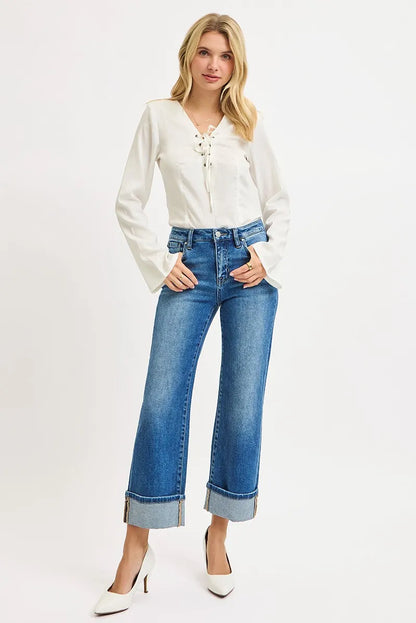 Hazel Blues® | RISEN Mid Rise Crop Straight Cuffed Jeans