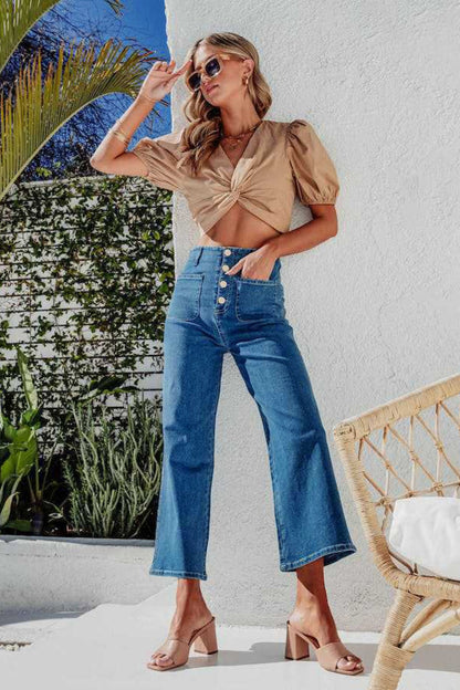 Hazel Blues® |  Button Fly Cropped Wide Leg Jeans