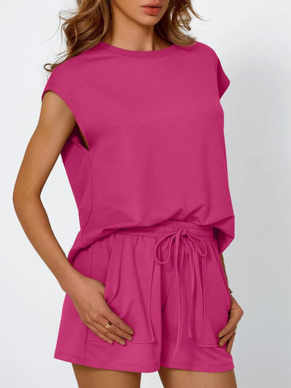 Hazel Blues® |  Round Neck Cap Sleeve Top and Shorts Set