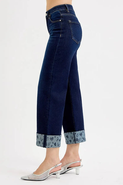 Hazel Blues® | RISEN Mid Rise Fit Crop Wide With Printed Cuff Jeans