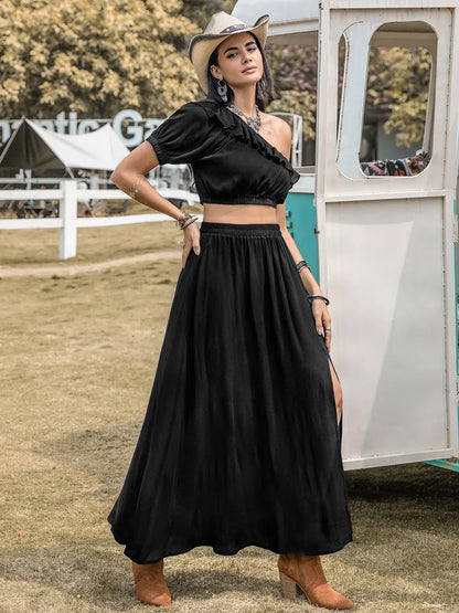Hazel Blues® |  Ruffled Single Shoulder Top and Slit Skirt Set