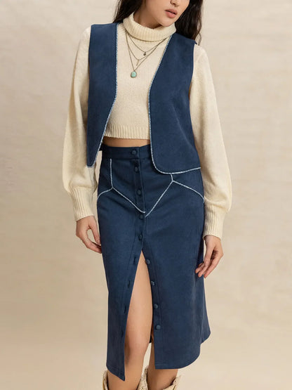 Hazel Blues® |  Open Front Vest and Buttoned Skirt Set