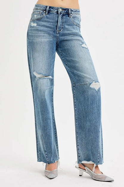 Hazel Blues® | RISEN Mid Rise Fit Wide Baggy Leg Tie Washed Jeans