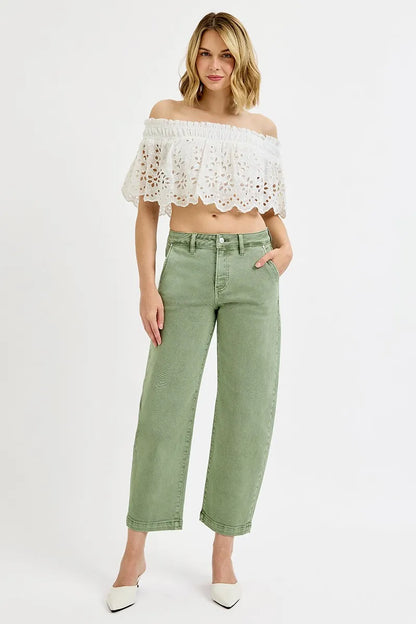 Hazel Blues® | RISEN Tummy Control High Rise Crop Barrel Jeans