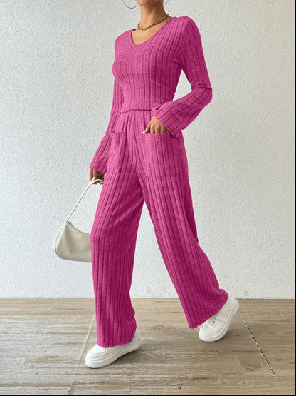 Hazel Blues® |  Ribbed V-Neck Long Sleeve Top and Pocketed Pants Set